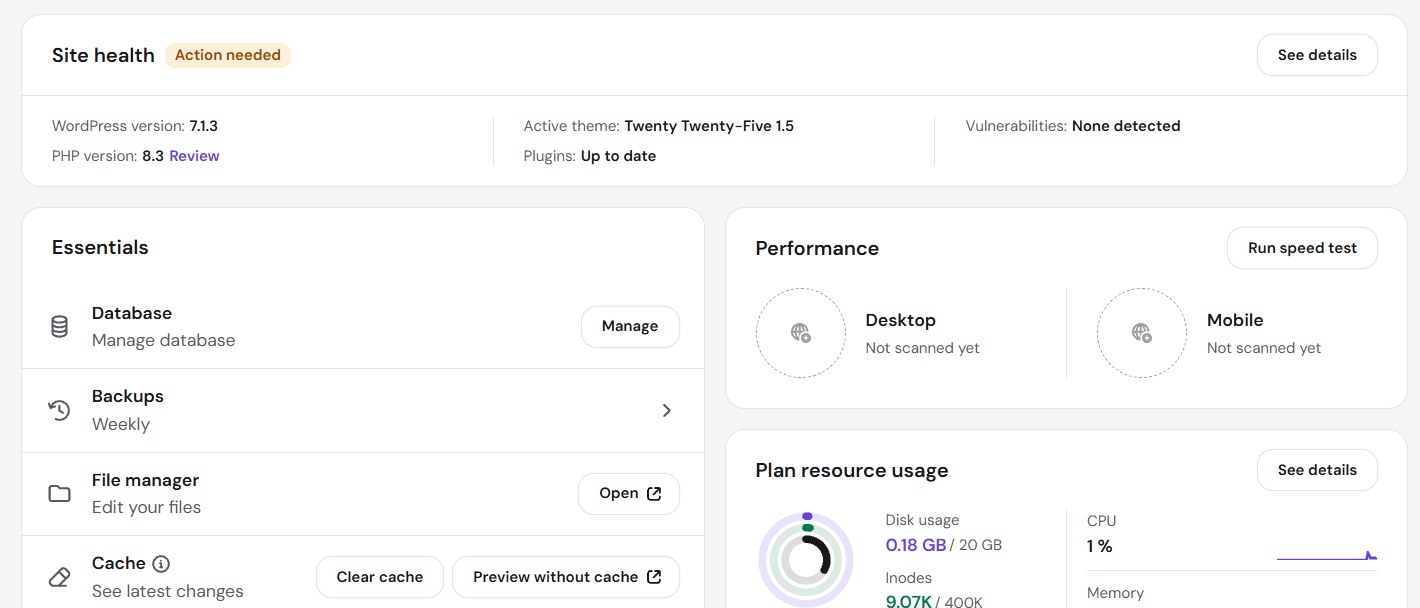 Hostinger hPanel website dashboard with backups, cache and resource usage