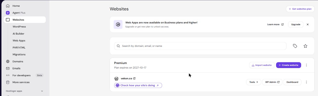Hostinger hPanel websites list showing the Premium plan